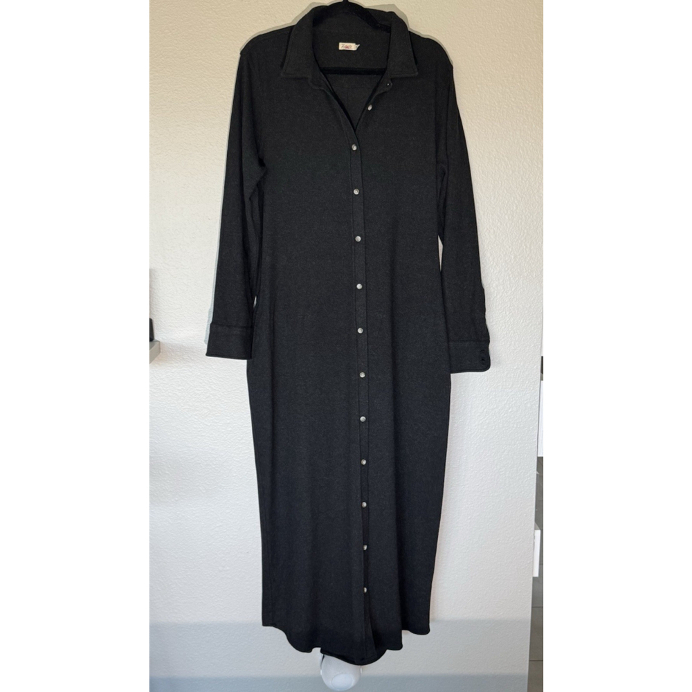 Faherty Women’s XL Long Button Front Shirt Dress Dark Grey Soft Knit - Picture 2 of 11